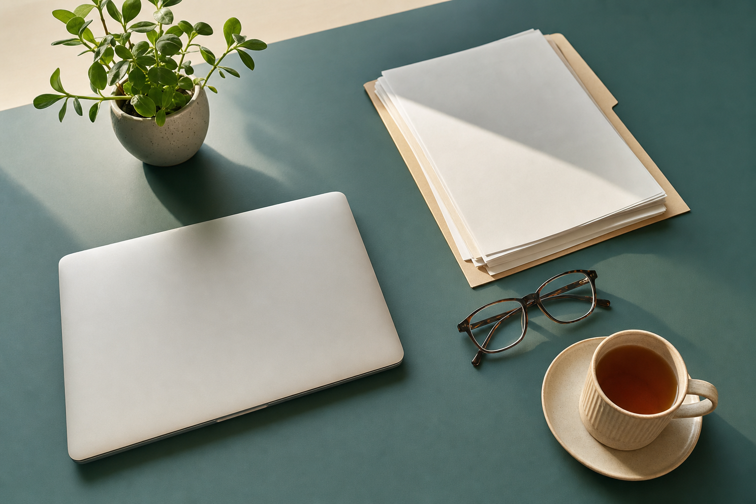 A tidy desk with a laptop, documents, glasses and a cup of tea