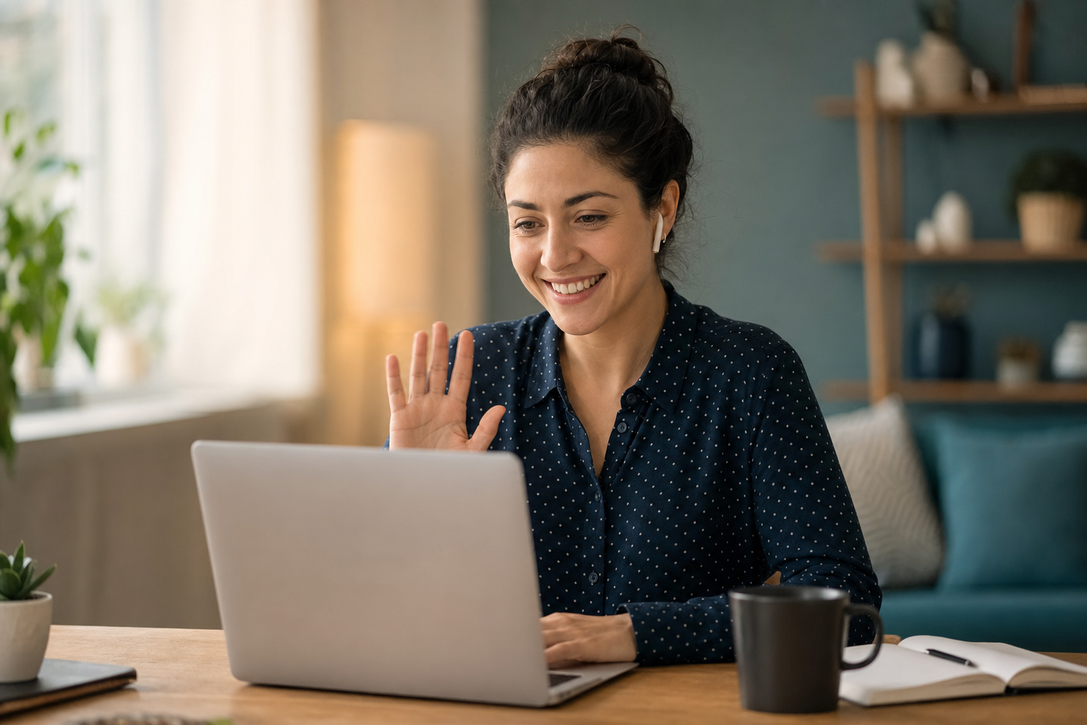 A person having a friendly, secure video consultation from home