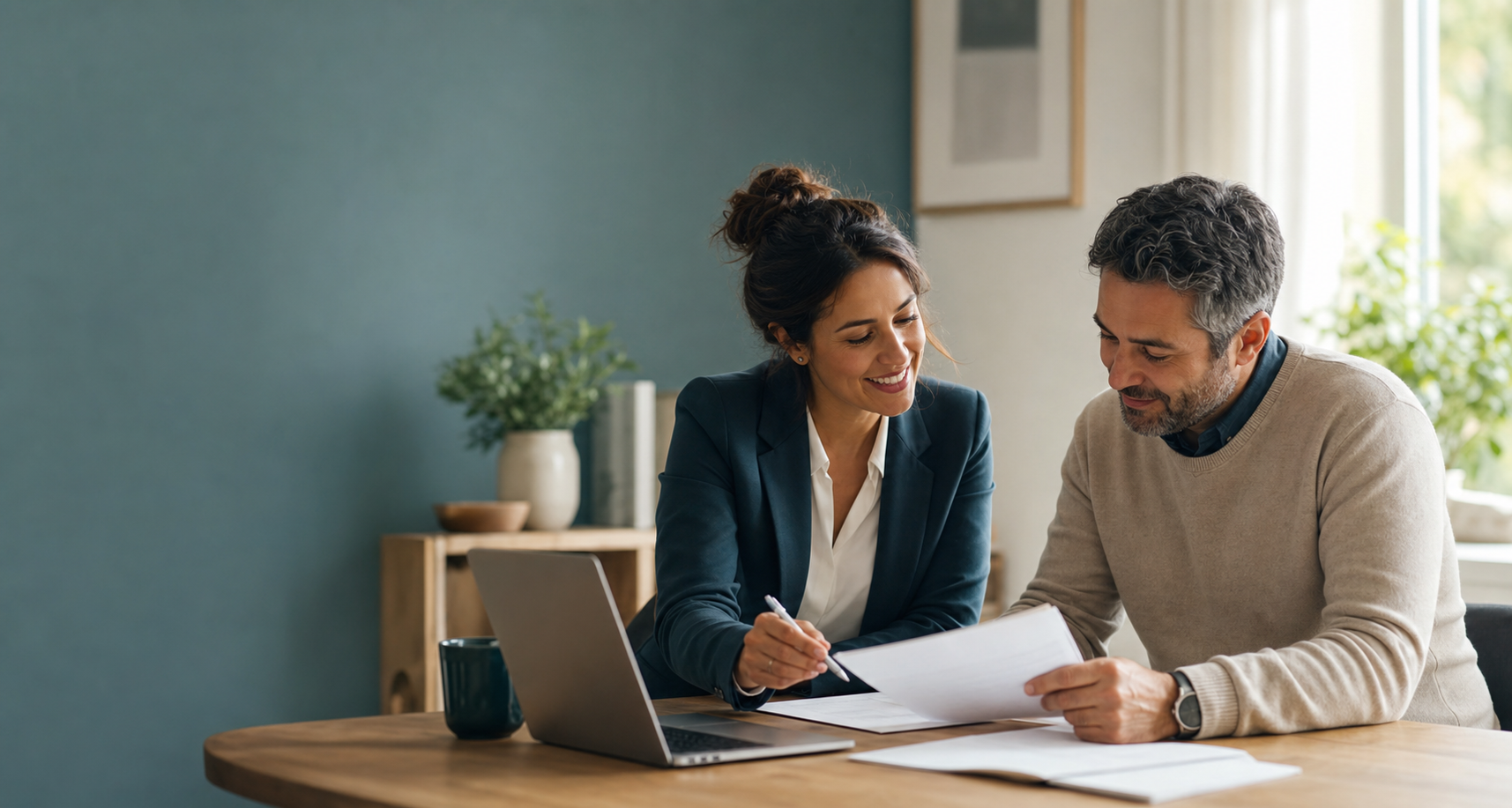A consultant calmly helping a person review documents at a desk
